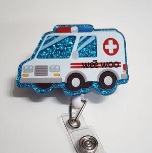 EMT Ambulance Badge Reel Wee Woo Alligator Clip Medical ID Holder Funny